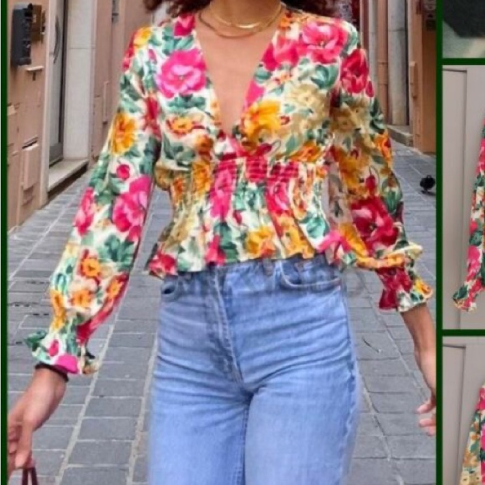 Zara Floral Smocked Peplum Long Sleeve Blouse Multicolor Size XS
